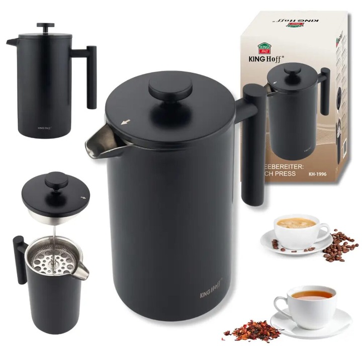 Ceainic, infuzor pentru cafea, capacitate 1 litru, perete dublu, maner din lemn, negru, Kinghoff