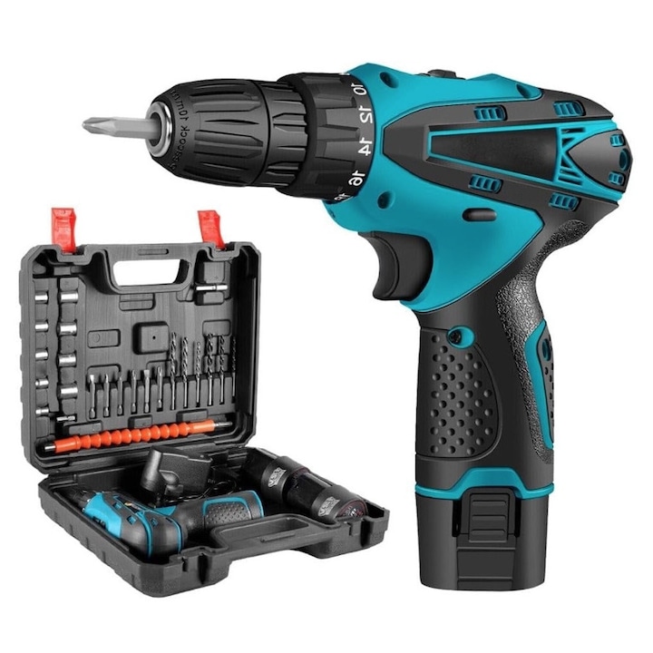 Trusa surubelnita electrica fara fir cu 2 acumulatori 12V cu 24 de accesorii incluse 2 viteze