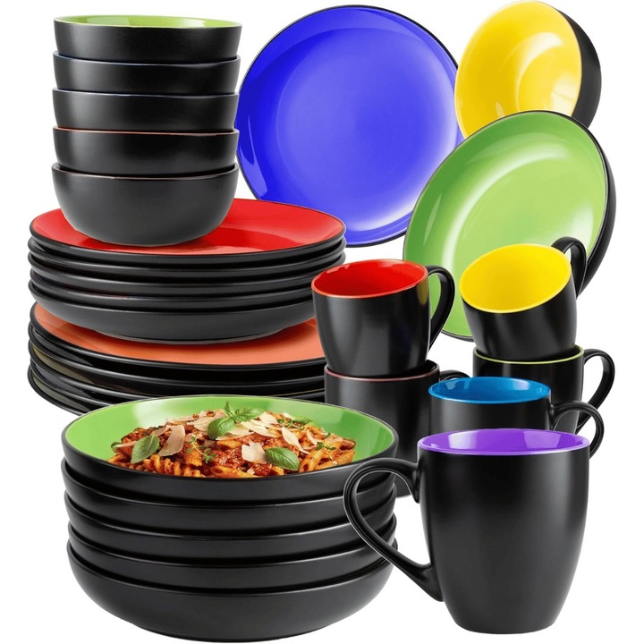 Serviciu de masa pentru 6 persoane, Set complet 30 piese Le Papillon, Cani, Boluri, Farfurii, ceramica, multicolor