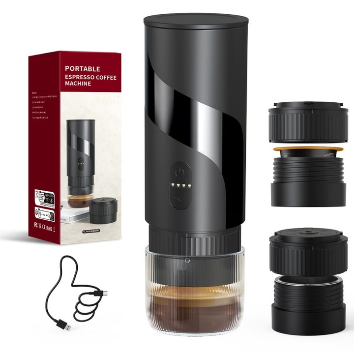 Espressor portabil 2 in 1, Ultrixe, aparat de cafea portabil reincarcabil fara fir pentru calatorii cu masina, 100ml, Negru