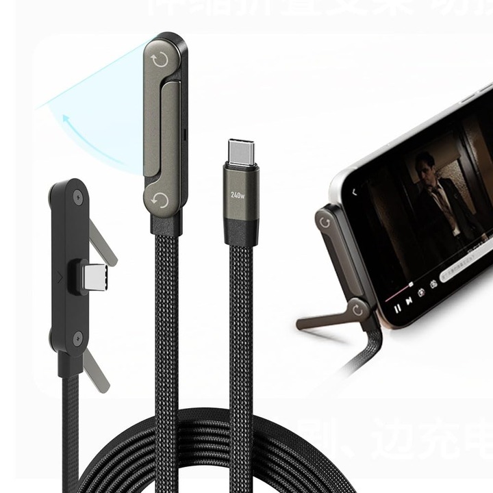 Cablu USB-C la USB-C, 240W, 1.5m - Cu Suport Impaturibil Integrat, Impletit Rezistent, pentru Incarcare Rapida si Vizionare Video, Telefoane iPhone si Samsung