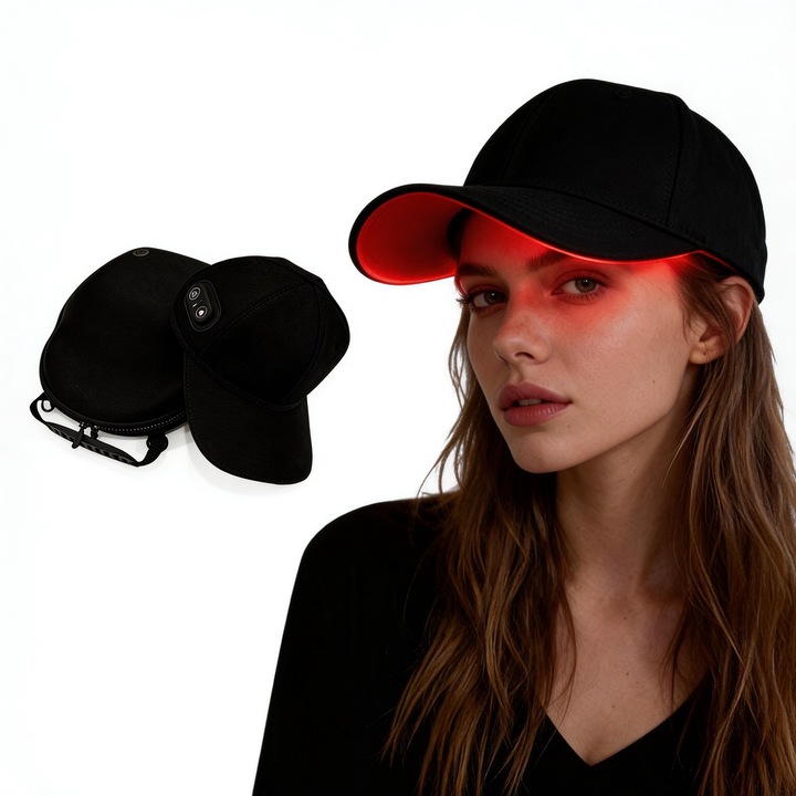 Sapca fototerapie pentru cresterea parului KUJIZHZL, 408 LED-uri 660nm & 850nm (raport auriu 1:2), 3 moduri puls + 3 intensitati, Wireless cu baterie 2500mAh, Geanta protectie, Repararea si intretinerea parului, Negru
