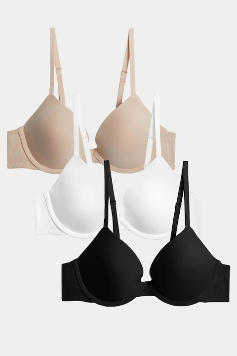 Marks & Spencer, Set de sutiene cu decolteu adanc si sustinere metalica - 3 piese, Alb/Negru/Bej