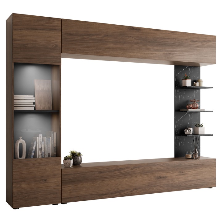 Set de mobilier Alemiko cu LED, MIRJAN 24, nuc warmia / marmura neagra, 30x250x187 cm