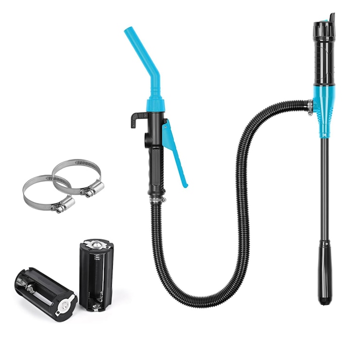 Pompa Electrica Portabila Pentru Transfer Lichide, Omelivon, Alimentata cu Baterii, Debit Mare 2.4 GPM, Duza de Control, Se Aplica Benzina, Motorina, Apa, Ulei, Kerosen, Negru/Albastru