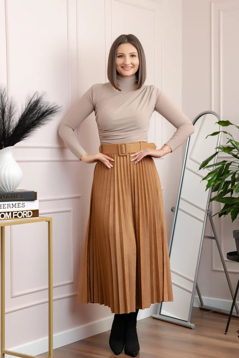 Fusta Delilah din piele, Maro camel, One Size