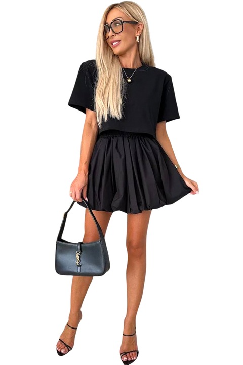 Fusta mini BUBBLE, cu volum si pliuri, Negru, FashionForYou, Marime universala S/M