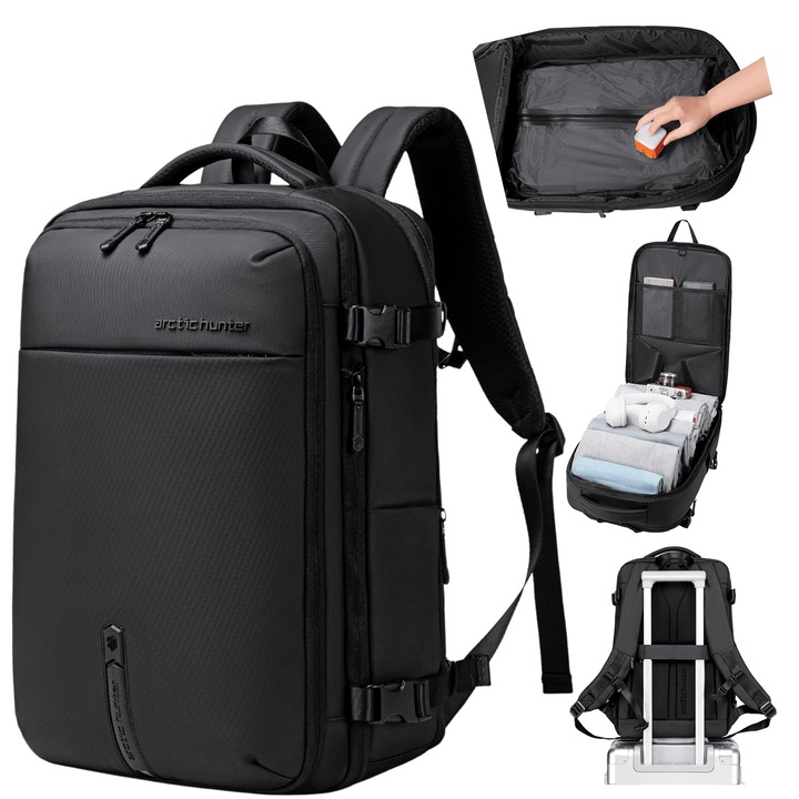 Rucsac de călătorie Arctic Hunter, 42L, negru, compartimente extensibile și de compresie în vid, 50x30x20/28cm