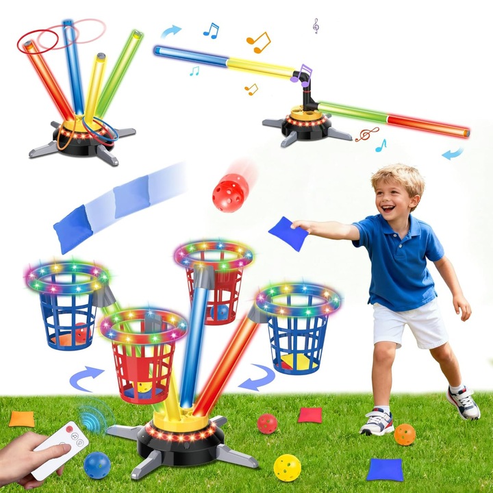 Baowor® Jucarie Educativa Montessori Interactiva 3 in 1 cu Baza Rotativa Electrica Telecomanda 3 Jocuri Aruncare Saritura Muzica LED-uri USB Jocuri Jucarii Joc pentru Copii Montessori Activitati Jucarie Inteligenta 3 4 5 6 7 8 9 10 11 12 Ani Multicolor