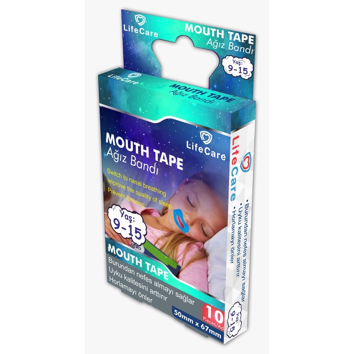 Лепенки за уста Life Care Детски 9-15 г, Mouth Tape, Качествен сън 10бр в кутия, Правилно дишане през носа, Против хъркане
