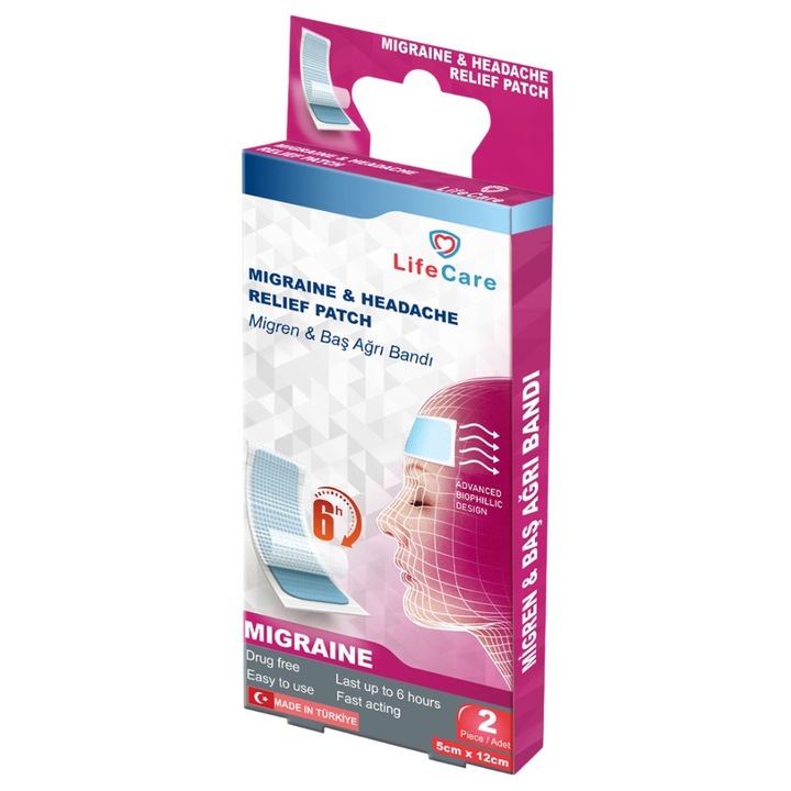 Лепенки при Мигрена Life Care, при Главоболие Migraine & Headache Relief Patch, Бърз ефект, 6 часа действие, Лесен за използване
