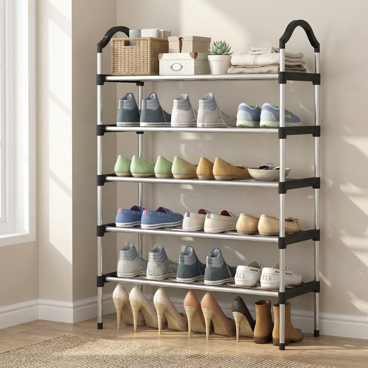 Etajera Pantofi HASEPE® 5 Nivele, Raft Pantofi Metalic Compact, Suport Pantofi Cu Structura Metalica Galvanizata, 17 Cm Inaltime Rafturi, Organizare Hol, Raft Pantofi Rezistent Pentru Depozitare, Suport Pantofi Stabil Pentru Spatii Mici