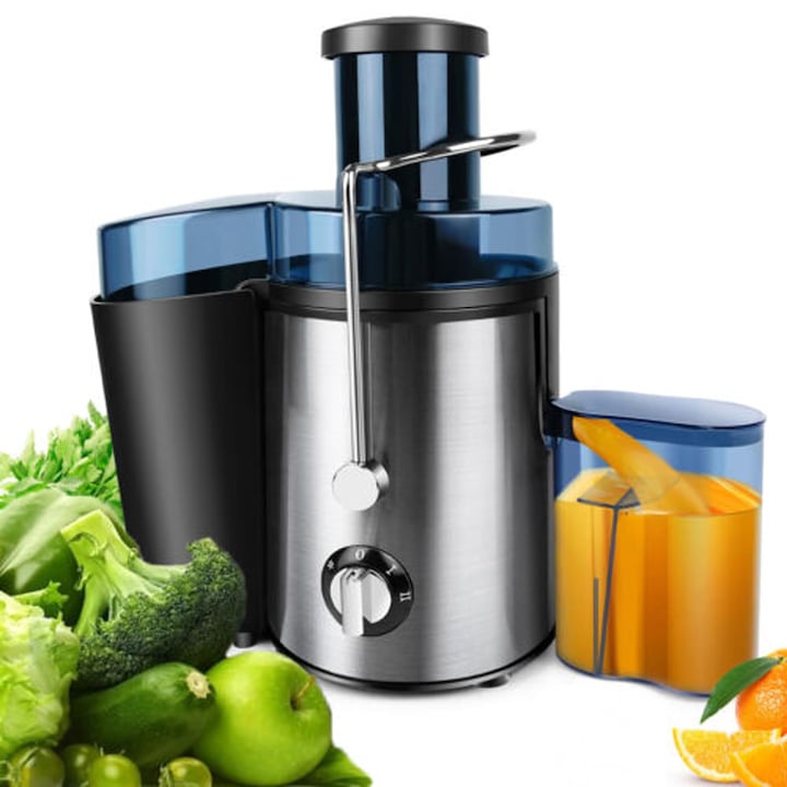 Storcator de fructe si legume centrifugal, 1000W, 2 viteze, tub alimentare 65mm, recipient suc 500ml, recipient pulpa rezistent, inox + PP, usor de curatat, pentru uz casnic, argintiu