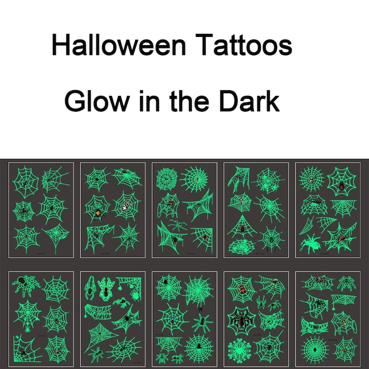 Set tatuaje Halloween pentru copii Qpout, fosforescente, modele cu paianjeni si panze, stickere pentru fata, ideale pentru petreceri, decoratiuni si cadouri