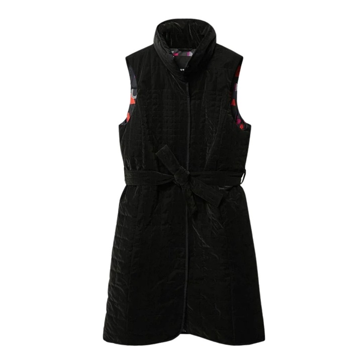 Vesta dama Desigual, lunga, neagra, 100% poliester, cu curea, XS INTL