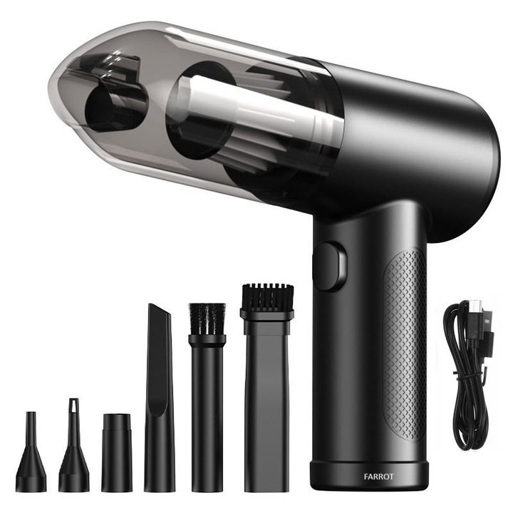 Aspirator auto portabil, puternic, fara fir, mini suflanta turbo 2 in 1, Farrot Negro