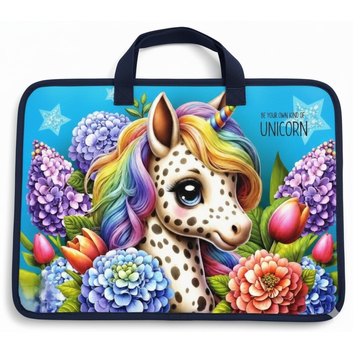 A4-es „Légy a saját egyszarvúd” mappa, fogantyúval és cipzárral, szivárványos egyszarvú és virág mintával, türkiz