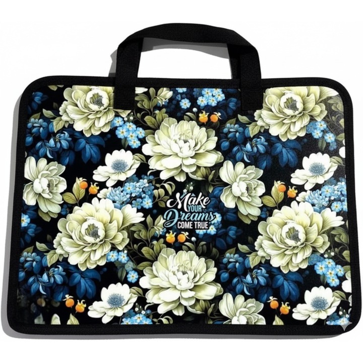 A4-es mappa/szalvéta "Make Your Dreams Come True", fogantyúval és cipzárral, prémium virágmintás, fekete/kék