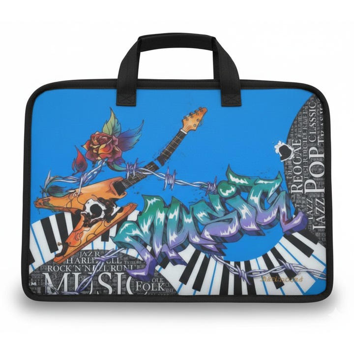 A4-es Rock & Pop Vibes mappa szalvéta, fogantyúval és cipzárral, graffitis gitár és zongorabillentyűk dizájn, kék