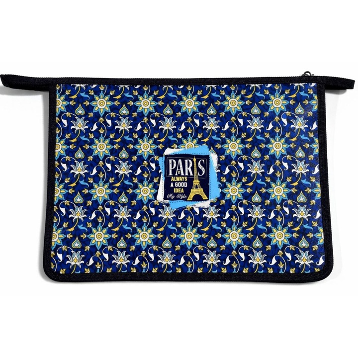 Mapa documente A4+, plastic rezistent, inchidere cu fermoar, imprimeu floral albastru