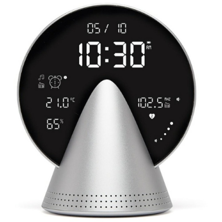 Ceas cu alarma Lexon Conic, Display Digital, Difuzor Bluetooth 5W, 2000mAh, Autonomie 8h, USB-C, Silver