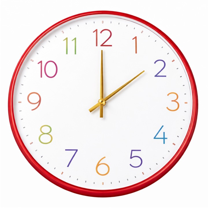 Ceas rotund, margine cu striatii, 35cm, rosu-alb