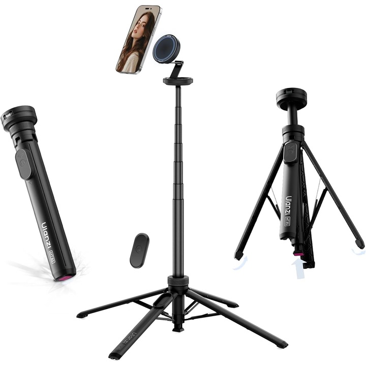 Selfie Stick ULANZI MT85 cu Trepied Automat, Telecomanda, Suport Magnetic, Compact si Stabil, Pliabil, Unghi Ajustabil, MagSafe, 150 cm - Potrivit pentru Smartphone-uri