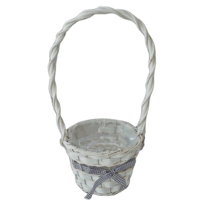 Coș împletit cu urechi, rotund, cu fundă albă 54-104 - D17*H13/40cm