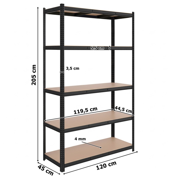 Tároló állvány, 5 szintes, 200 kg/polc, 205x120x45 cm, fekete