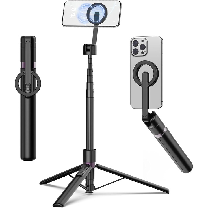 Selfie Stick TONEOF cu Trepied, Telecomanda, Suport Magnetic, Compact si Stabil, Rotire 360°, Pliabil, MagSafe, 173 cm - Potrivit pentru Smartphone-uri