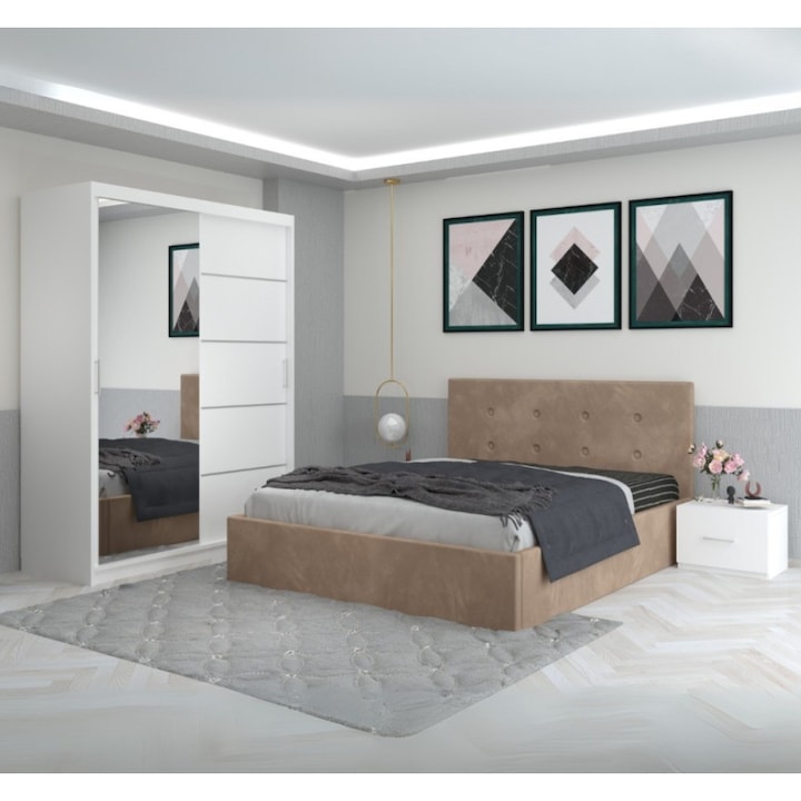 Dormitor Filip Crem Cu Pat Tapitat AmzMob 160x200