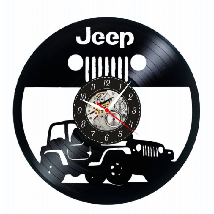 Dekoratív falióra "Jeep Adventure", bakelit lemezből (Vinyl Record) készült, Off-Road & 4x4 design, Fekete, 30 cm