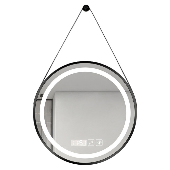 Oglinda de baie UWOT, design rotund cu curea, iluminare tricolora/anti-ceata/afisaj pentru ora/temperatura, sticla de siguranta rezistenta la spargere, potrivita pentru bai, dormitoare si hoteluri, 50 cm, aliaj de aluminiu, Negru