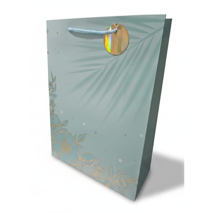 Punga Cadou Medie ELDEPO, 32x26x10 cm, Design Verde Pastel cu Flori Aurii, Carton Extra Rezistent