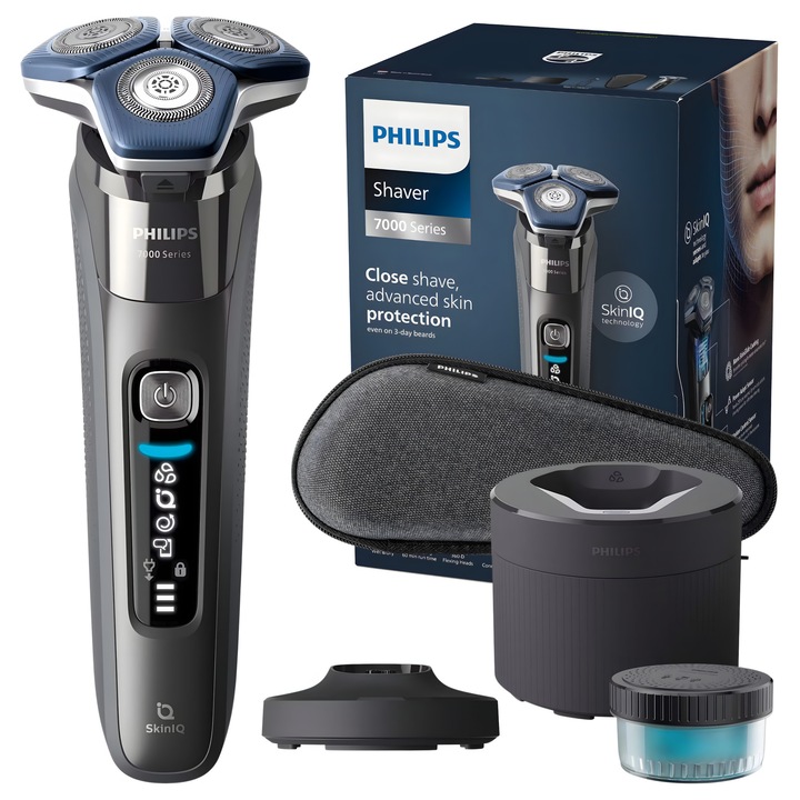 Електрическа самобръсначка за брада, Philips, Series 7000 S7887 55, сиво сребро, калъф, стойка, кабел за зареждане, станция за почистване, касета за станция