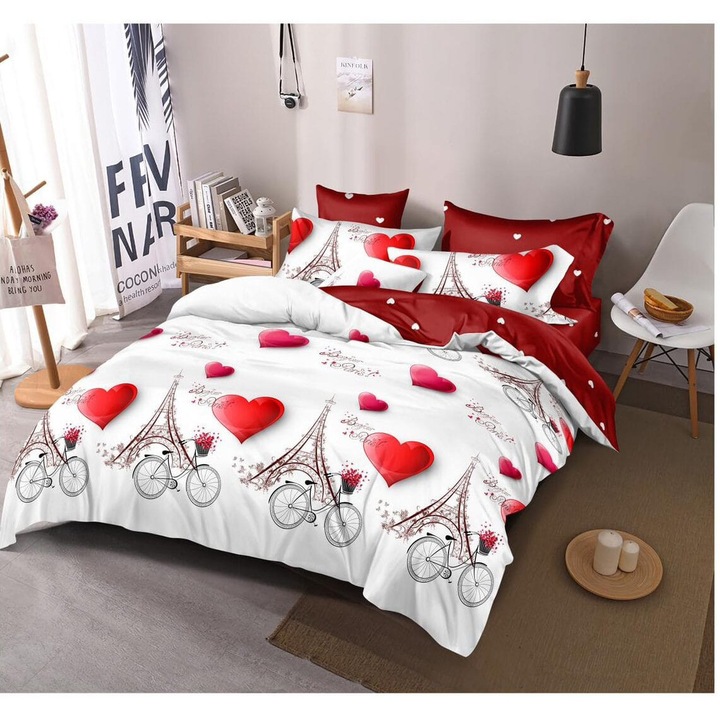 Set lenjerie de pat 2 persoane, cu imprimeu cu inimi rosii „Bonjour Paris”, 6 piese, 180 x 200