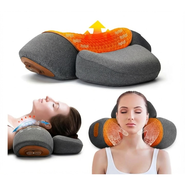 Aparat de masaj cervical 3-in-1 Sanatate Forte®, DetensioForte, functii de tractiune, vibratii si incalzire, ergonomic, pentru gat si umeri