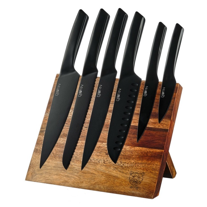 Suport pentru cutite Vantaa + Set 6 Cutite de bucatarie Jensen, lama inox satinat cu maner negru mat