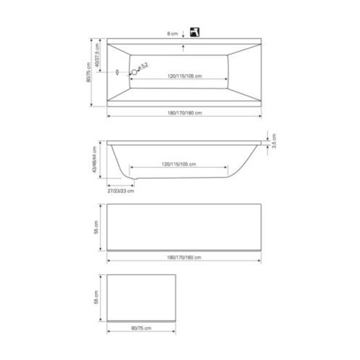 ArchiD, Egyenes akril fürdőkád, 170x75 cm