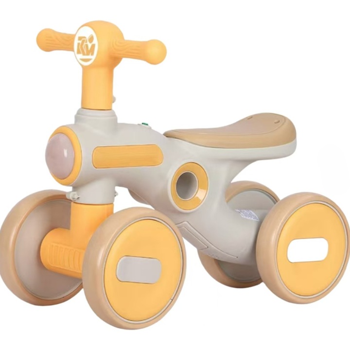 Bicicleta de echilibru, GHEMOTOC®, fara pedale, cu 4 roti, cadru plastic, cu muzica si lumini, roti EVA, galben