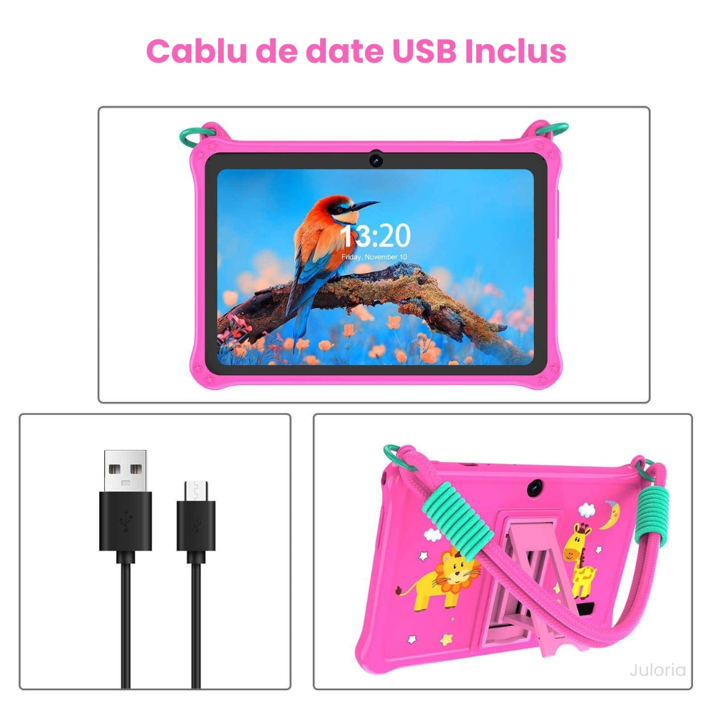 Tableta copii 7” cu husa rezistenta la socuri, Control Parental, camera fata/spate, Android, snur transport – Roz