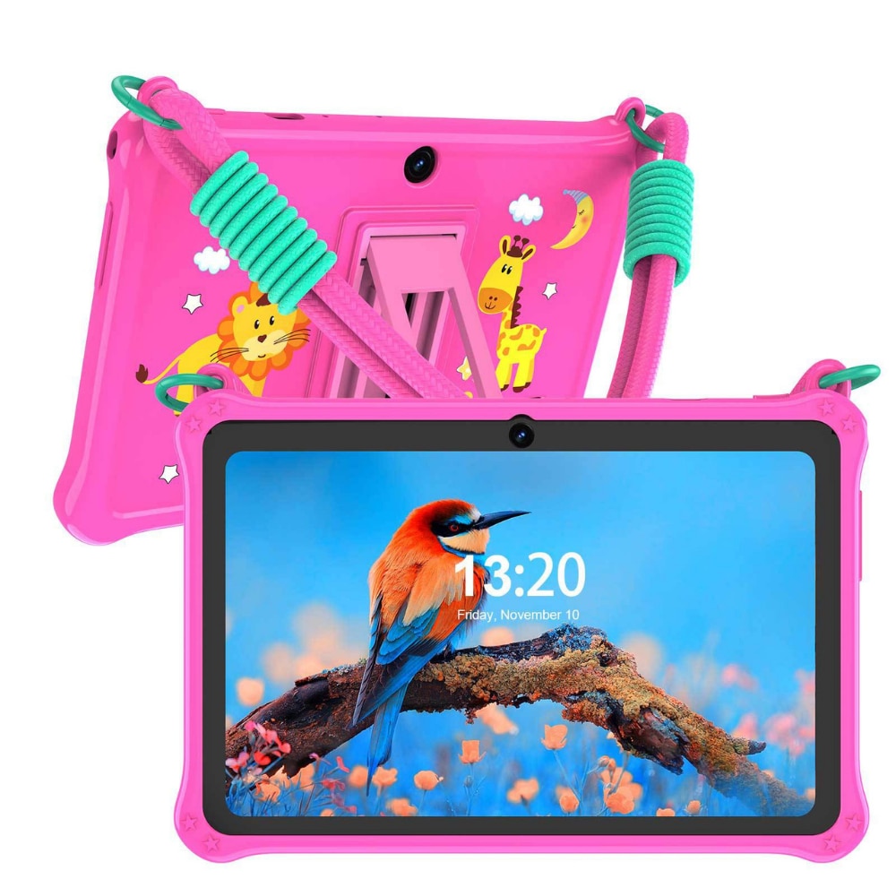 Tableta copii 7” cu husa rezistenta la socuri, Control Parental, camera fata/spate, Android, snur transport – Roz