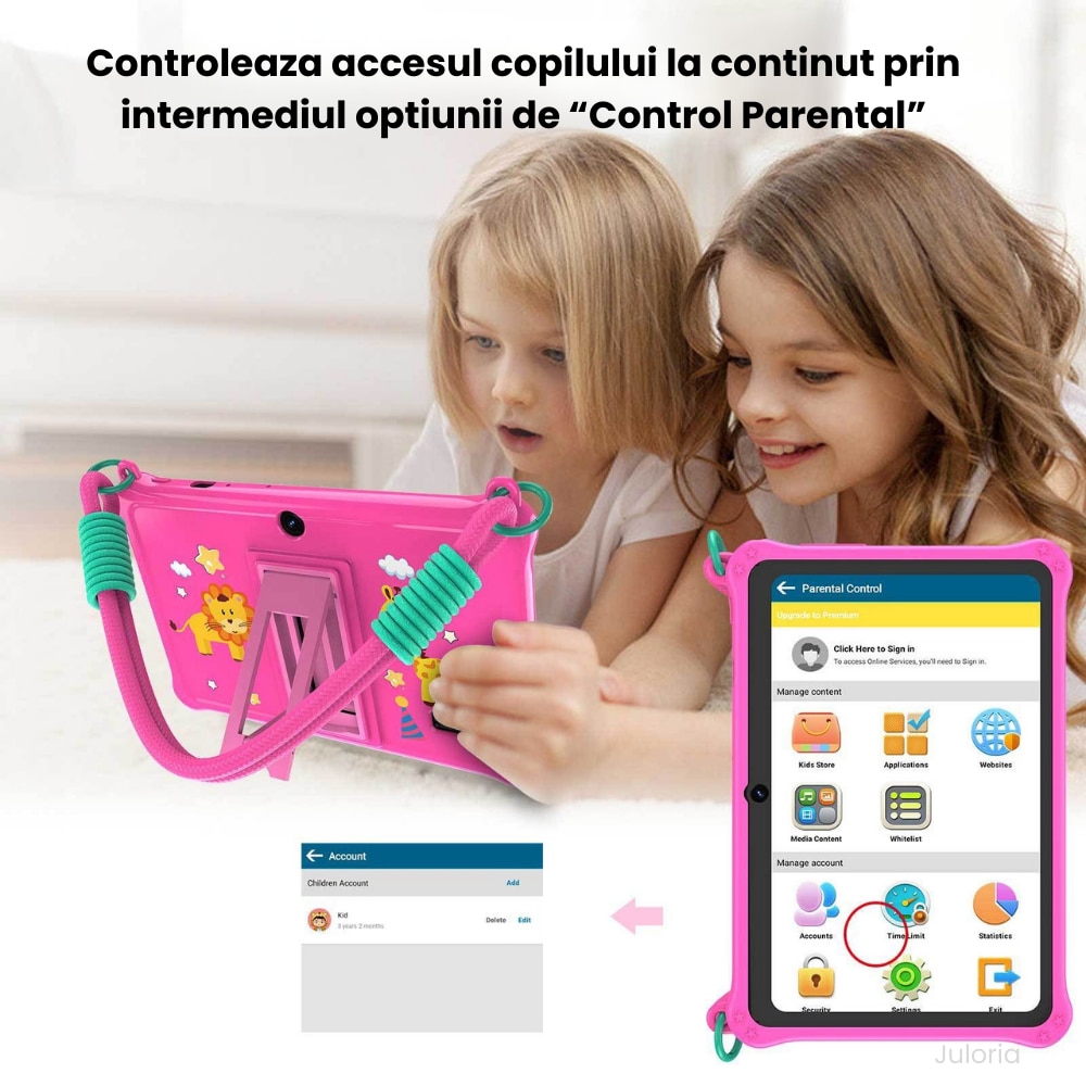 Tableta copii 7” cu husa rezistenta la socuri, Control Parental, camera fata/spate, Android, snur transport – Roz