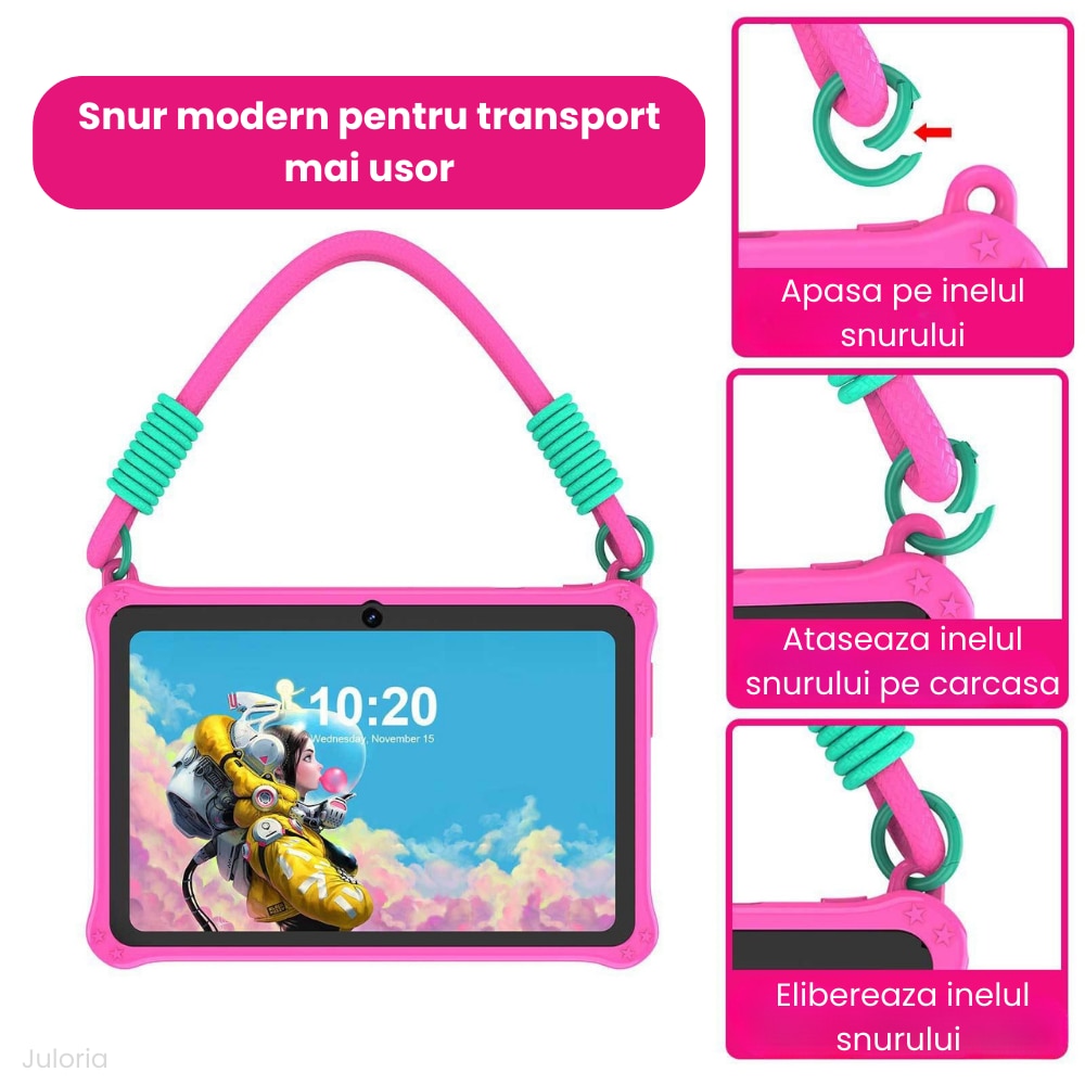 Tableta copii 7” cu husa rezistenta la socuri, Control Parental, camera fata/spate, Android, snur transport – Roz