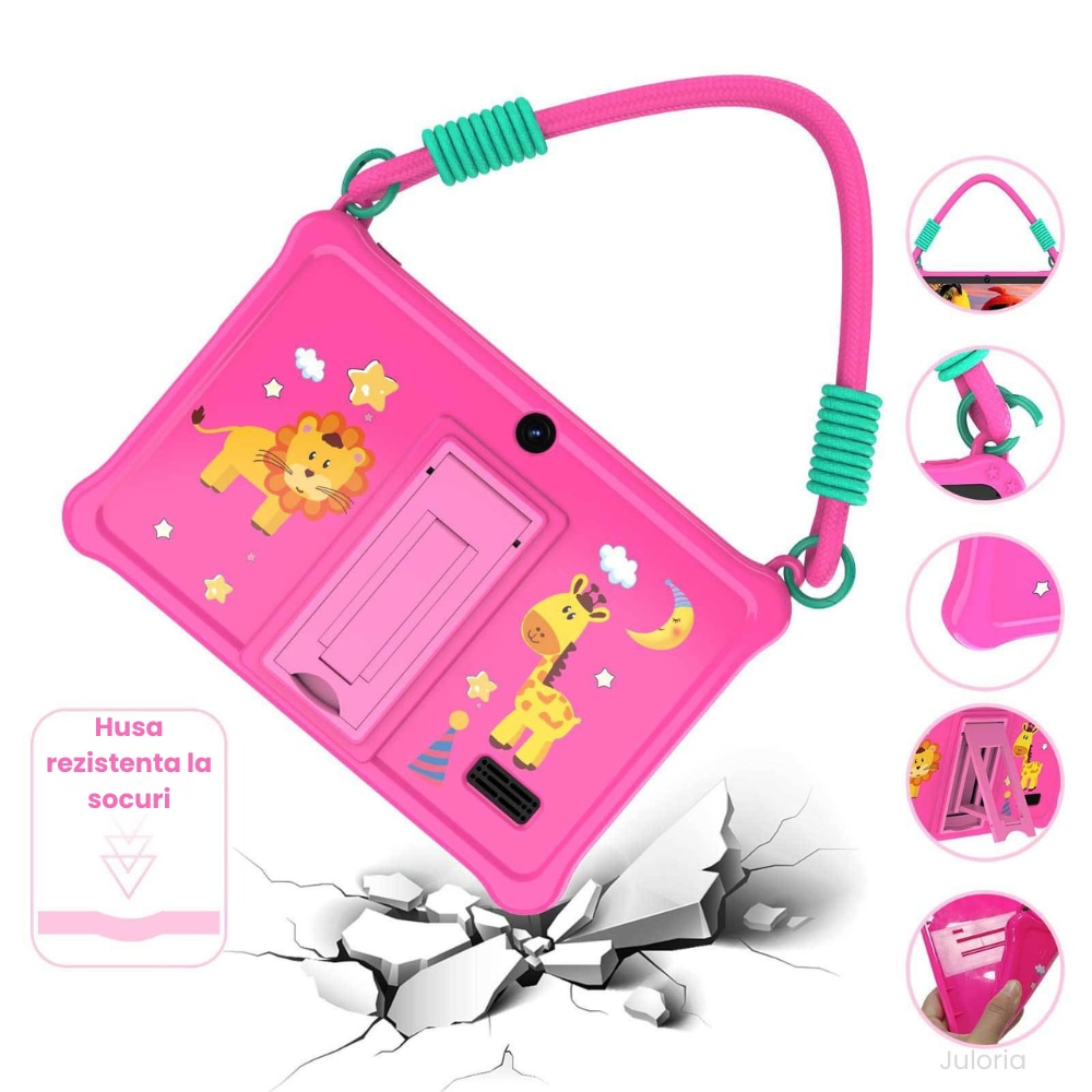 Tableta copii 7” cu husa rezistenta la socuri, Control Parental, camera fata/spate, Android, snur transport – Roz
