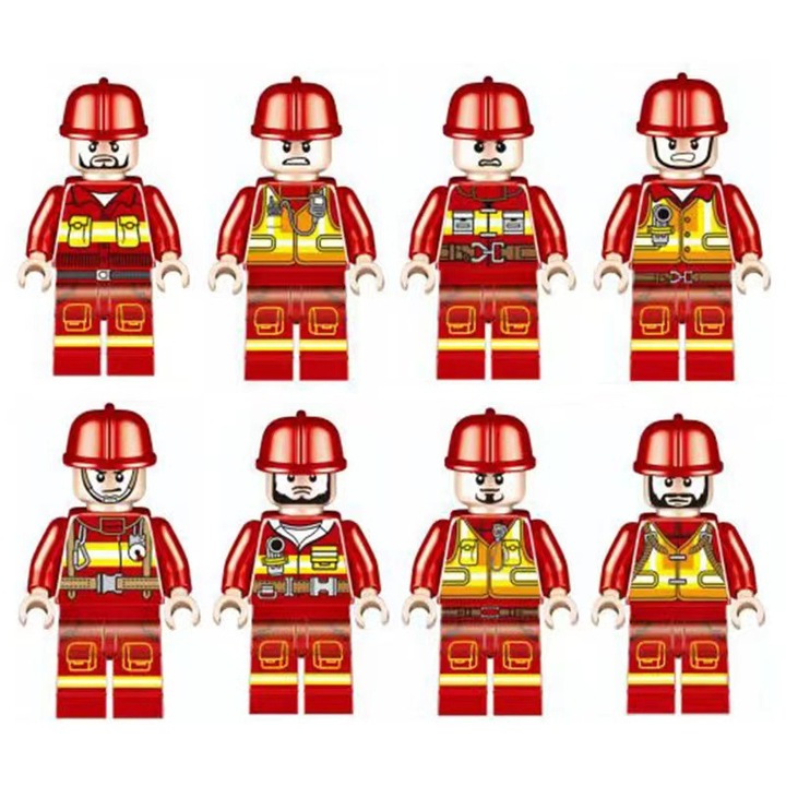 8 db tűzoltó figura készlet, részletes, mozgatható, többszínű, 6+ év