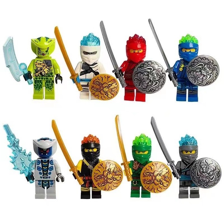 Ninjago figura készlet 8 db-os - Elemi Erők sorozat exkluzív pajzsokkal és fegyverekkel, többszínű, gyermekeknek és gyűjtőknek
