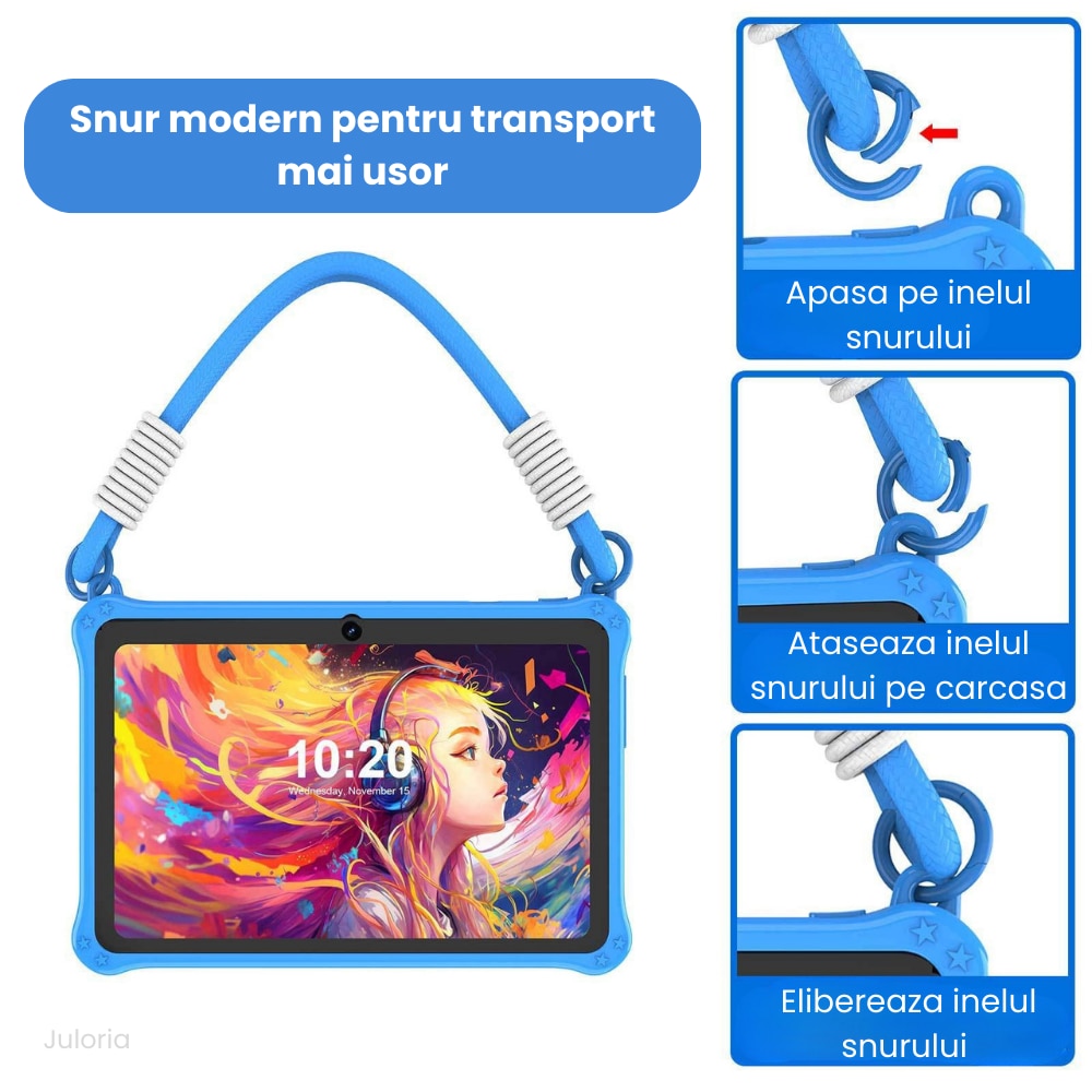 Tableta copii 7” cu husa rezistenta la socuri, Control Parental, camera fata/spate, Android, snur transport – Albastru