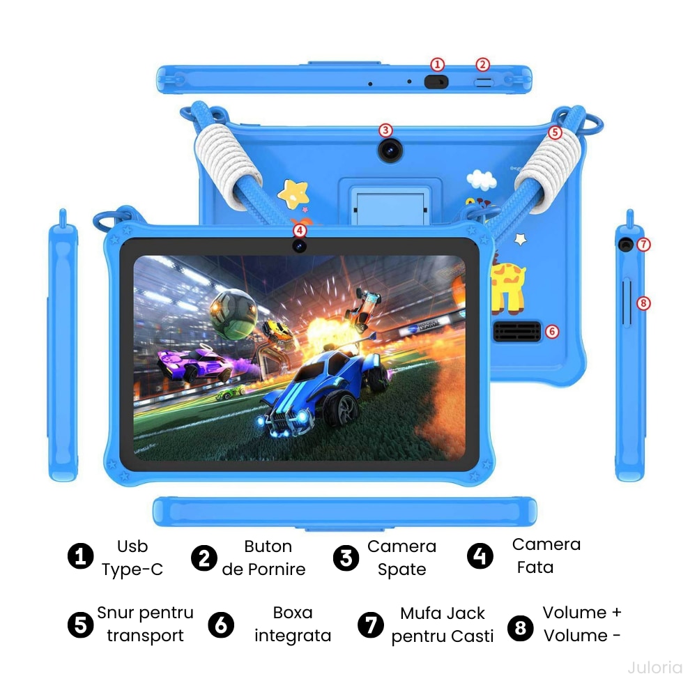 Tableta copii 7” cu husa rezistenta la socuri, Control Parental, camera fata/spate, Android, snur transport – Albastru