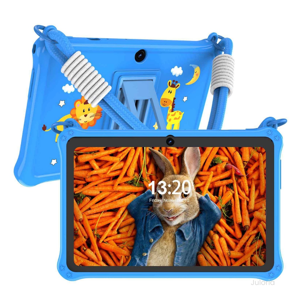 Tableta copii 7” cu husa rezistenta la socuri, Control Parental, camera fata/spate, Android, snur transport – Albastru